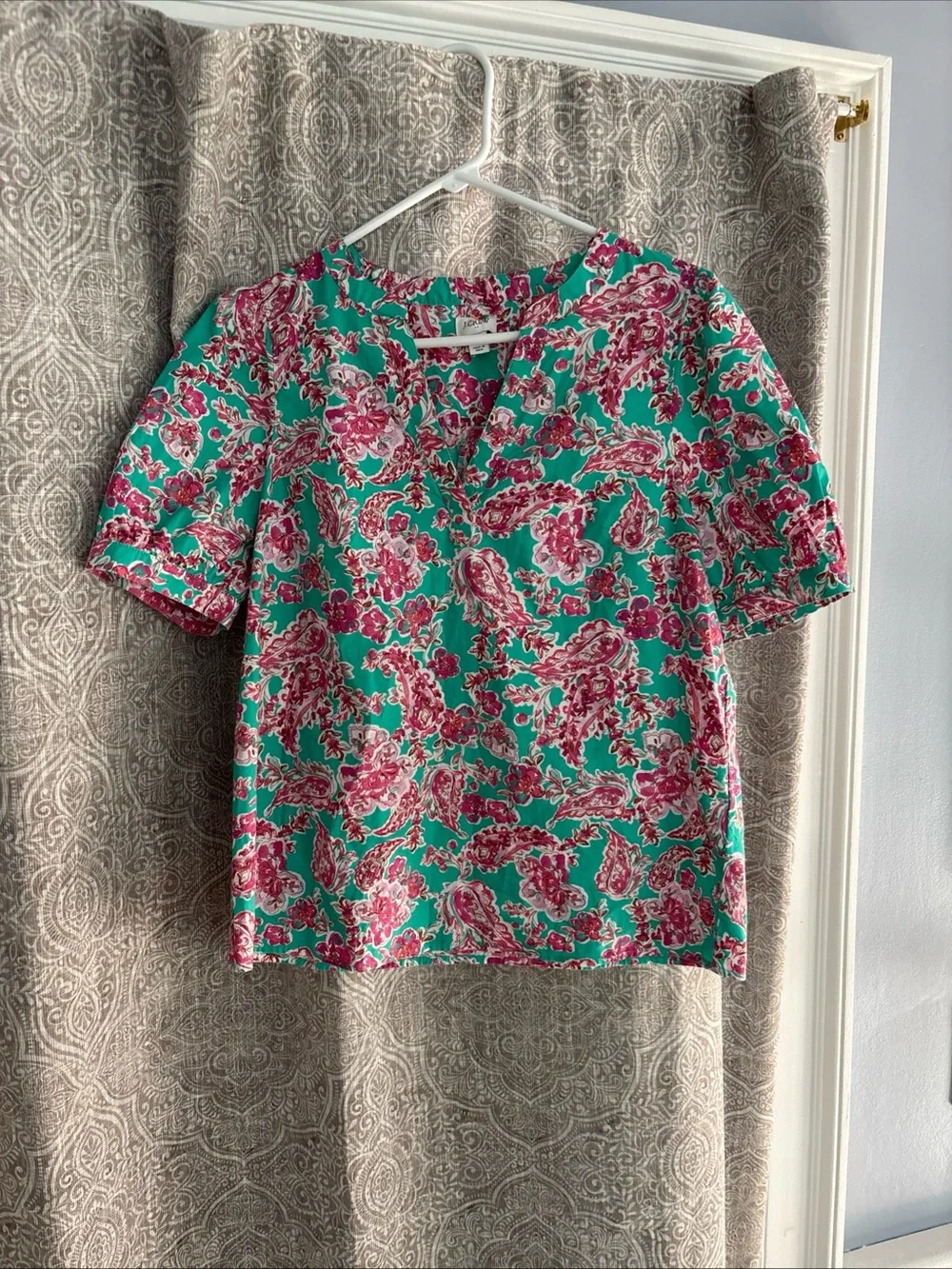 J. Crew Teal Short-Sleeve Blouse with Pink Floral Paisley Print